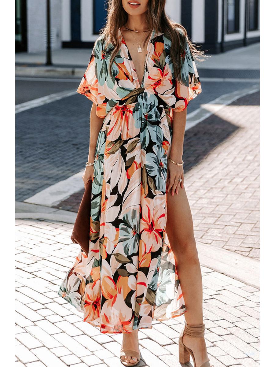 

Summer 2025 Women s Fashion: Sexy High-Waisted Print Slit Dress Extra Large