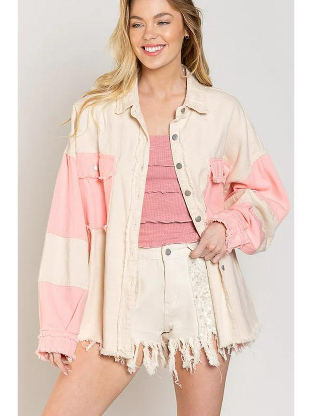 

2026 Spring/Summer Women s Retro Color Block Denim Patchwork Jacket - Stand Collar, Frayed Edges, Loose Casual Fit Large