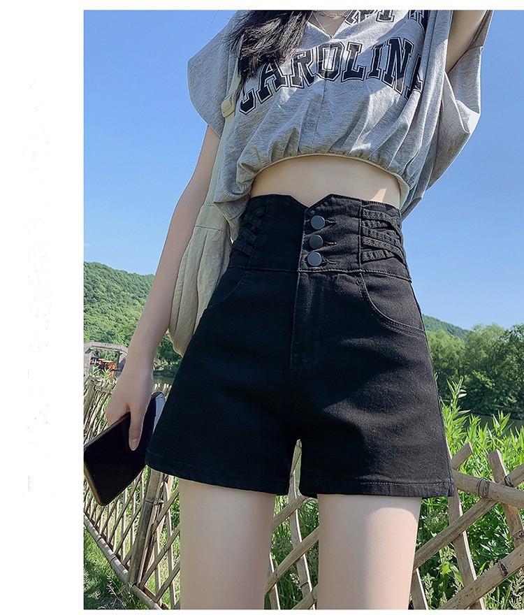 

Женские черные джинсовые шорты А-силуэта с высокой талией - Летняя коллекция 2025 с контролем живота и эластичным широким кроем штанин. S [85-95 kg] чёрный