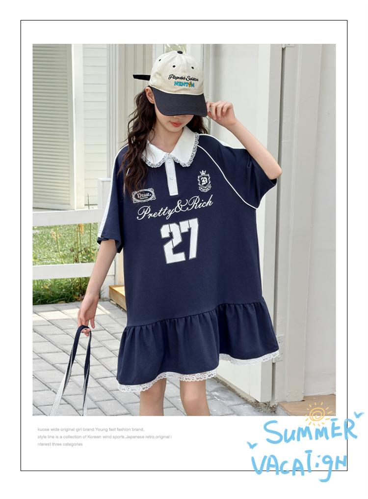 Girls' summer dress college style polo collar short sleeved dress 2026 new children's Korean casual long dress