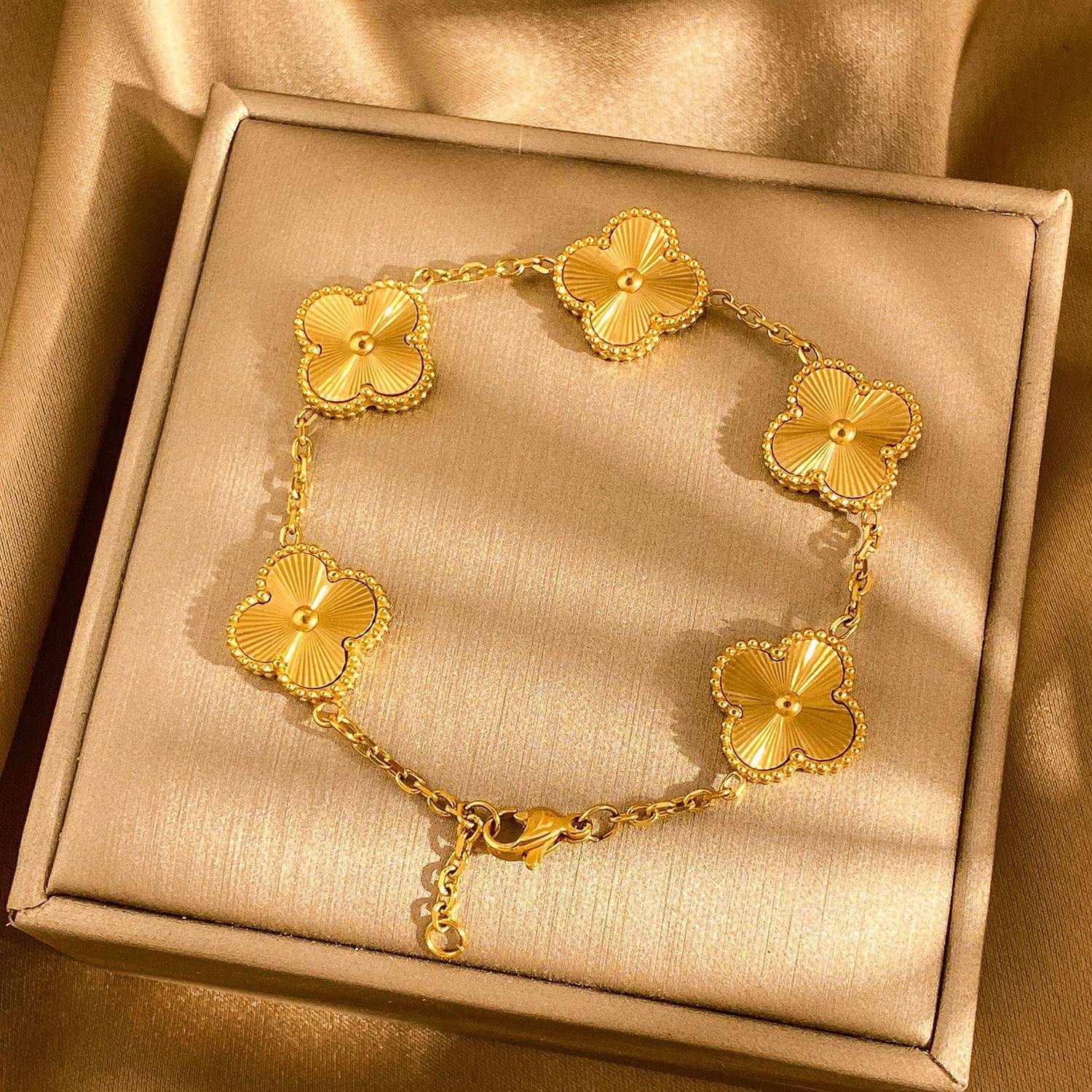 

Браслет из тонкого натурального настоящего перламутра 15 мм в виде четырехлистного клевера и пяти цветов, вакуумное толстое покрытие 18K из титановой стали