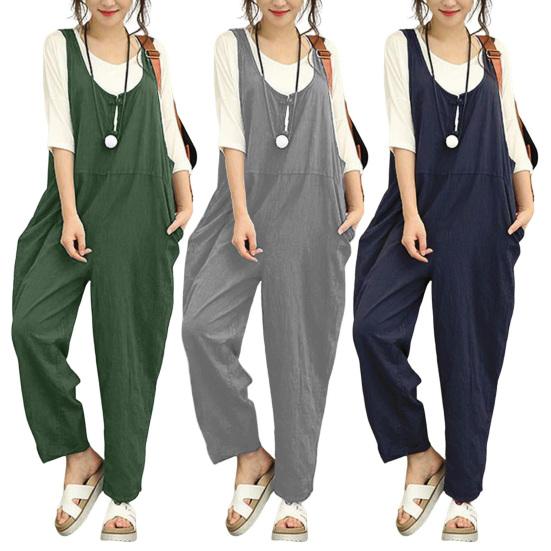 Damen Jumpsuit mit U-Ausschnitt, weites Bein, tiefer Schritt, ärmellos, locker, einfarbig, Seitentaschen, Pullover