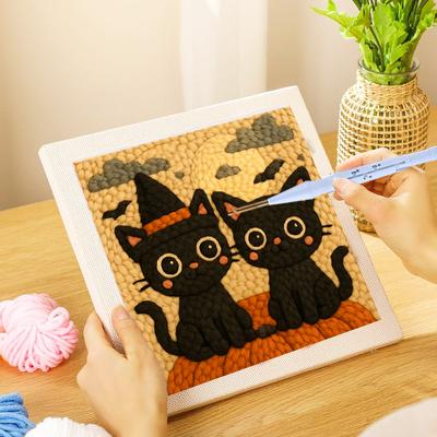 Punch Neddle Kit Black Cat Bat Embroidery Needle Kit with Frame Handcraft Sewing Set Diy Craft Gift for Halloween 25x25cm New