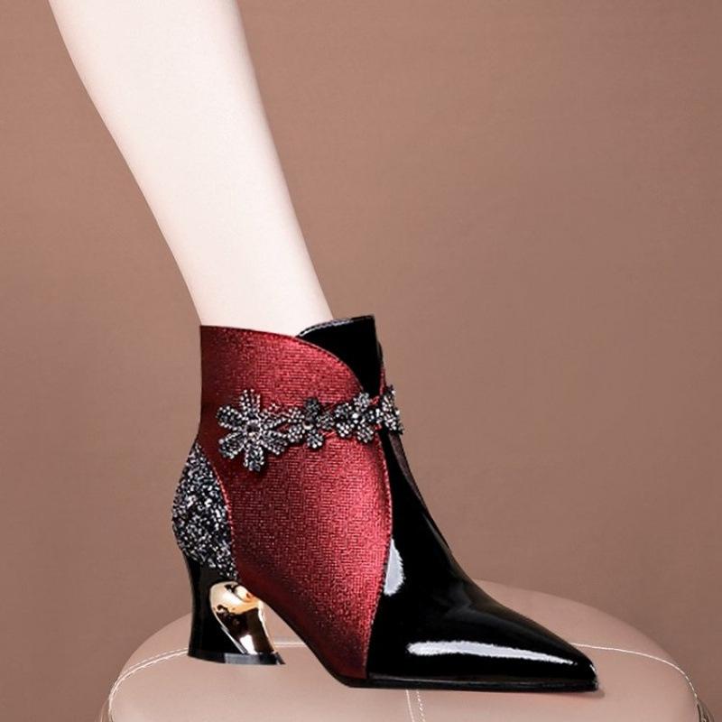 2025 New Soft Leather Short Boots Women's Thick Heel Patent Leather Burgundy High Heel Single Boots Spring, Autumn and Winter Velvet Women's Boots