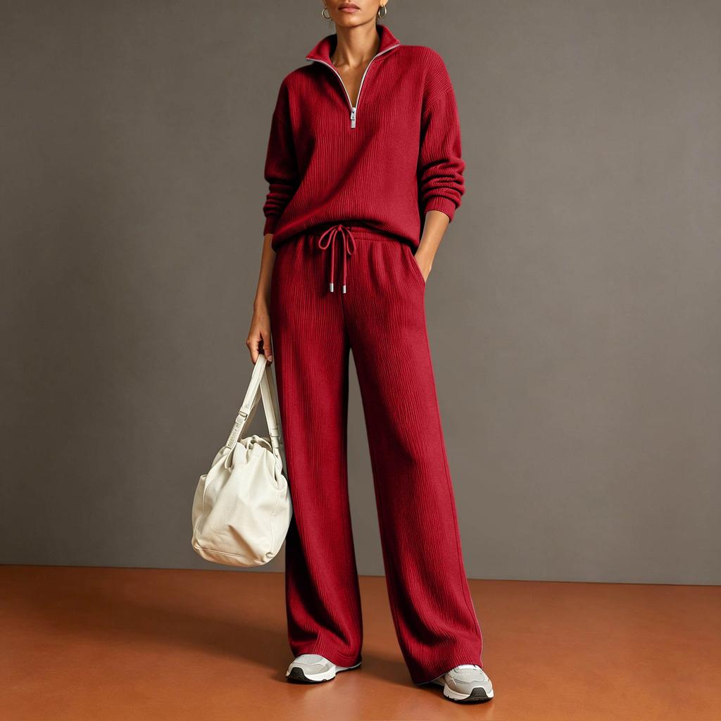 Women's Casual Half Zip Pullover Sweater and Wide Leg Pants Two Piece Set Lightweight Knit Loungewear Tracksuit for Everyday Wear