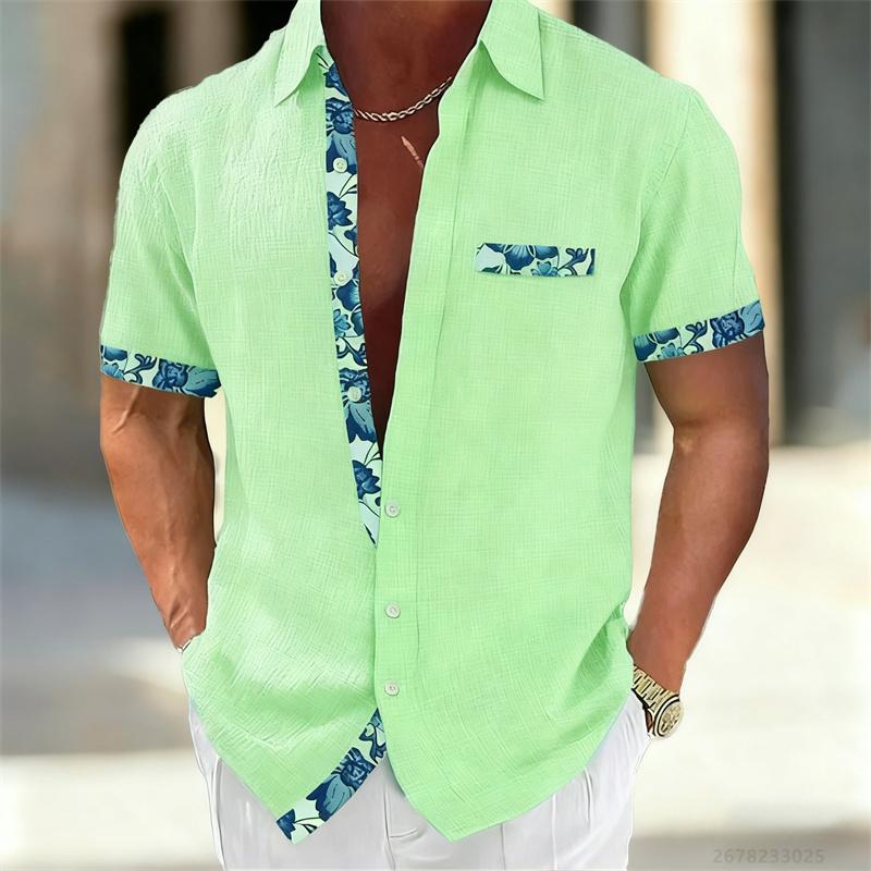 Herren Retro Blau-Weiß Porzellan Patchwork Kurzarmhemd, Atmungsaktives Baumwoll-Leinen Casual Lockeres Hemd, Größen XS-6XL 5XL