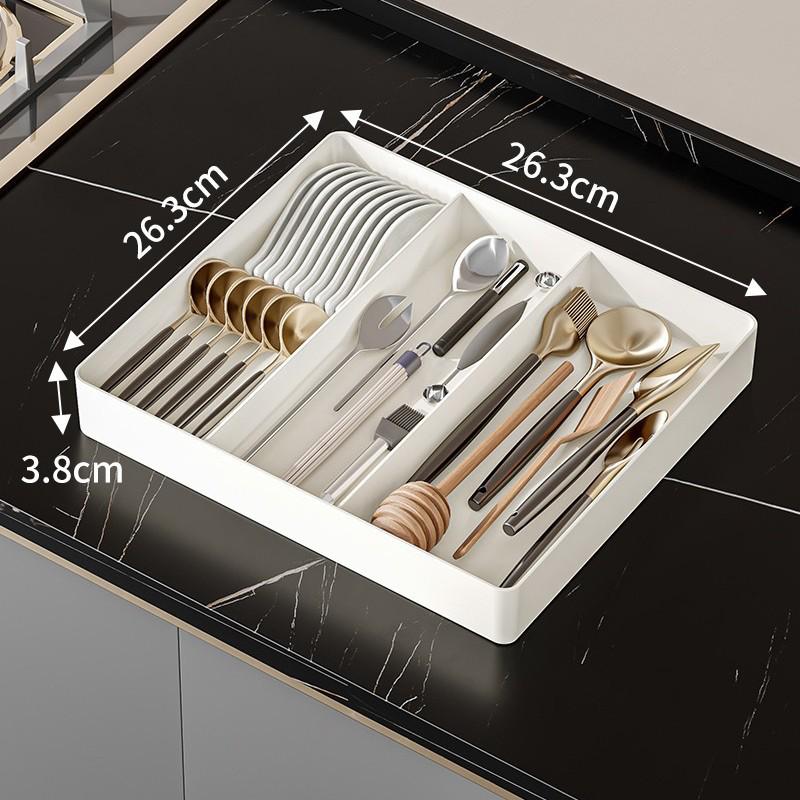 Kitchen Drawer Organizer Box: Built-in Dividers for Cutlery, Chopsticks, Spoons, Cling Film & Retractable Features