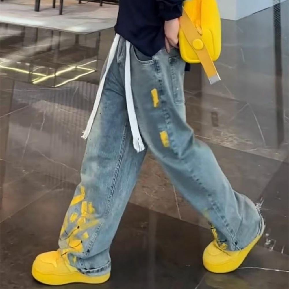 New Washed Jeans for Autumn and Winter Men Hand-painted Inkjet Print Fashionable and Versatile Old Casual Straight Pants