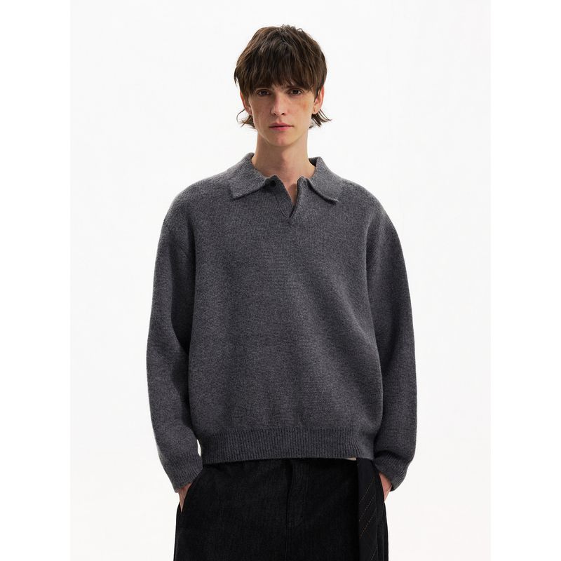 Blaexit Cashmere Blend Polo Collar Sweater Men's Winter Thickened Cleanfit Gray Lapel Knitwear