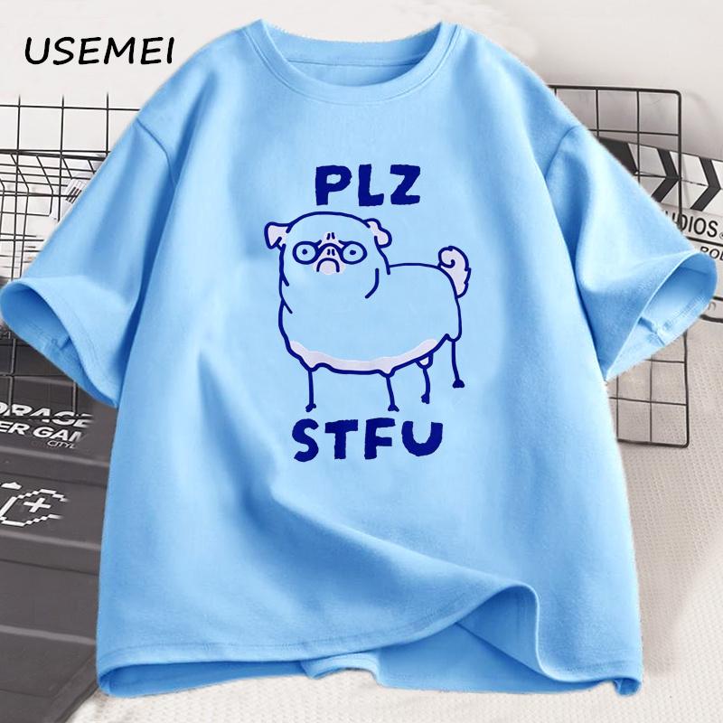 PLZ STFU Pug T Shirt Men Casual Short Sleeve Tee Shirt Meme Funny T-Shirt Vintage Drawing Racoon Animal Tshirt Streetwear Tees