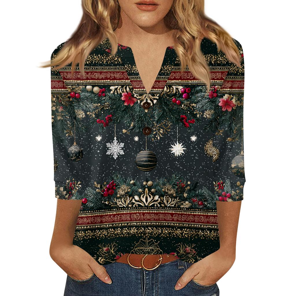 Women's T Shirt Print Button 3/4 Sleeve Daily Weekend Fashion Basic V- Neck Regular Top