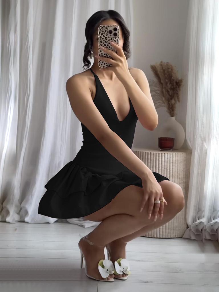 European & American Women's Summer V-neck Spaghetti Strap Dress - Sleeveless, Solid Color, Slim Waist, Backless, Short