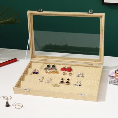 Linen Jewelry Box Jewellery Organizer Earring Ring Storage Case Necklace Bracelet Pendant Stand with Clear Glass Lid