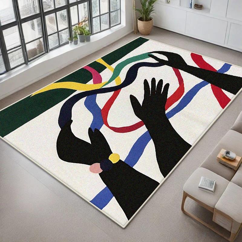 Premium Modern Abstract Large Living Room Carpet - Soft Colored Palm Decoration Non-slip Rug for Bedroom Cloakroom Bedside Mat