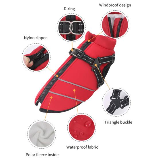 Dog Winter Coat with Zipper Padded Waterproof Jacket Harness Thickened Windproof Snow Jacket
