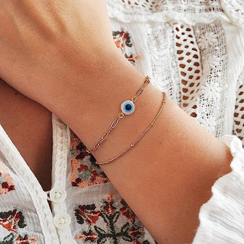 Bracelet Chaîne à Maillons en Acier Inoxydable Fait Main Bonne Chance Œil Turc Maléfique Couleur Dorée Pour Femmes Hommes Bijoux Cadeau de Fête