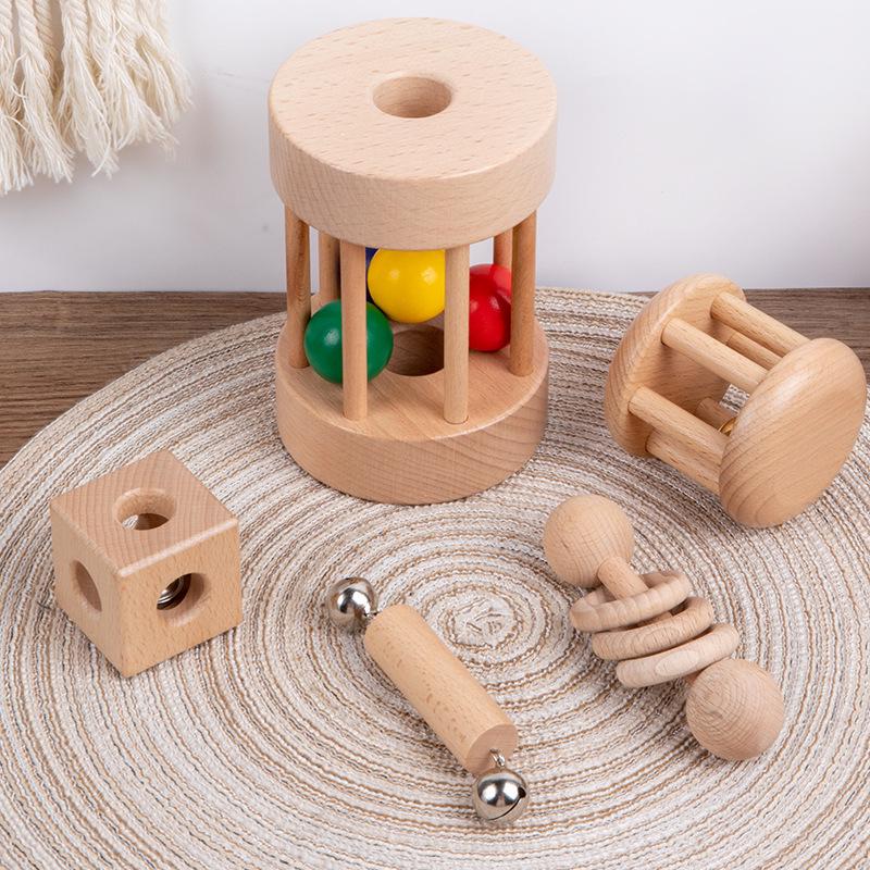 Edukacyjna Drewniana Piłka Chwytakowa i Grzechotka Ręczna dla Niemowląt w Wieku 1-3 Lat