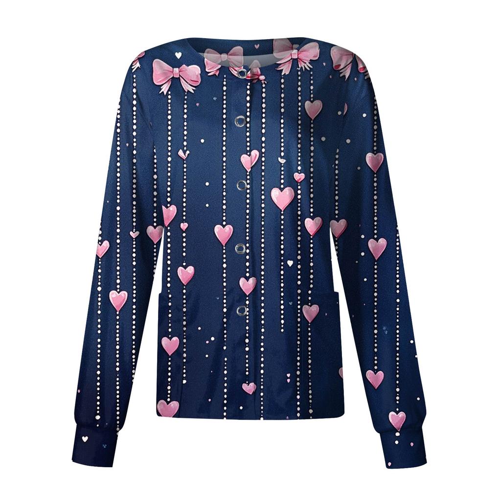 Damska codzienna moda długi rękaw stójka jednorzędowa walentynkowy nadruk kurtka robocza topy