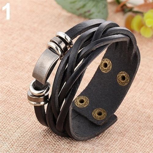 Mens Vintage Multilayer Braided Faux Leather Bangle Cuff Bracelet Wristband