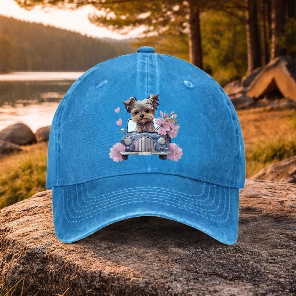Yorkie Dog in Car Baseball Cap Adjustable Cotton Washed Denim Outdoor Golf Cap