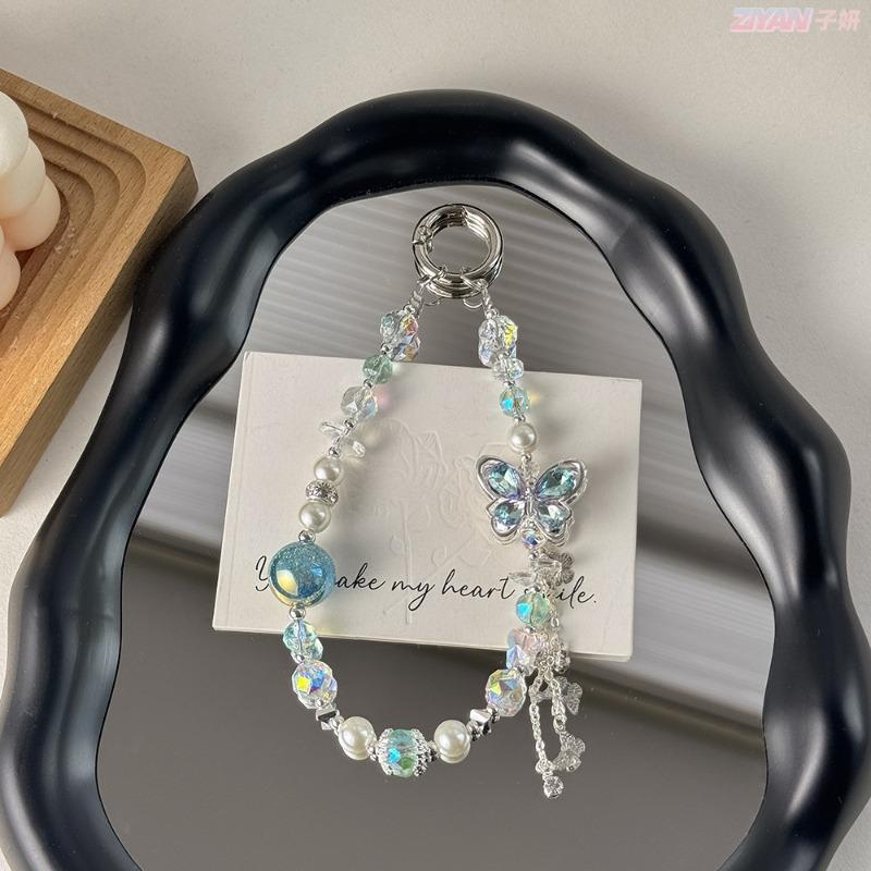 Elegant Pearl Alloy Butterfly Phone Lanyard Luxury Crystal Keychain Bag Charm Fashion Multi-Functional Key Holder Accessory
