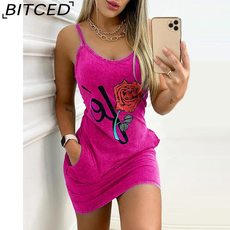 

BITCED Women Elegant Summer Floral Letter Print Denim Bodycon Mini Slim Dress Sleeveless Pocket Design XXXXXL розы красного