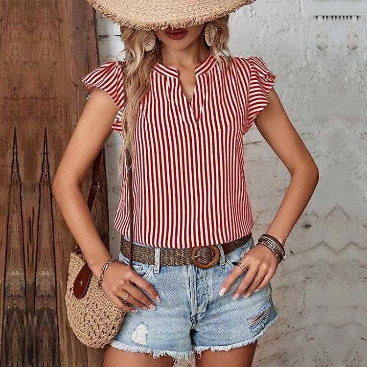 Chic Women's Striped V Neck Ruffle Blouse Short Sleeve Summer Tops