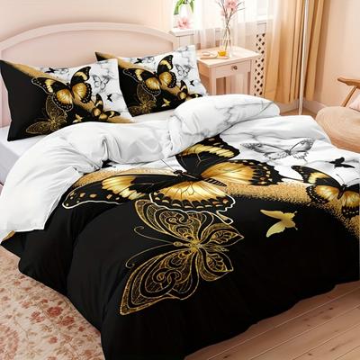 Ensemble de literie 3 pièces Noir Blanc Doré Imprimé Papillon Housse de couette douillette Taille King Queen Twin Cadeau d'anniversaire pour Décoration de chambre d'adulte