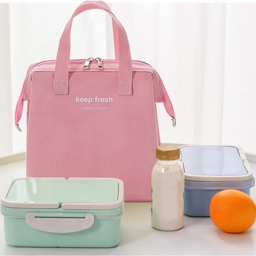 Insulated Lunch Bag Solid Color Oxford Cloth Waterproof Metal Zipper Portable Lunchbox for Commuting Pink