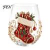 Elegant Wine Glass Set Creative Transparent Santa Claus Pattern Mug, 3D Embossed Christmas Aesthetic Tea Cups, Drinking with Tree Wreath Socks Design,