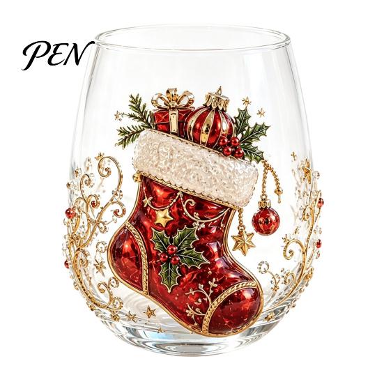 Elegant Wine Glass Set Creative Transparent Santa Claus Pattern Mug, 3D Embossed Christmas Aesthetic Tea Cups, Drinking with Tree Wreath Socks Design,