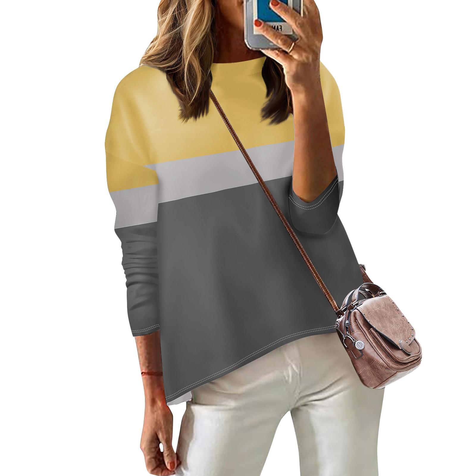 

Жіноча модна повсякденна футболка з довгим рукавом і круглим вирізом у смужку XL жовтий