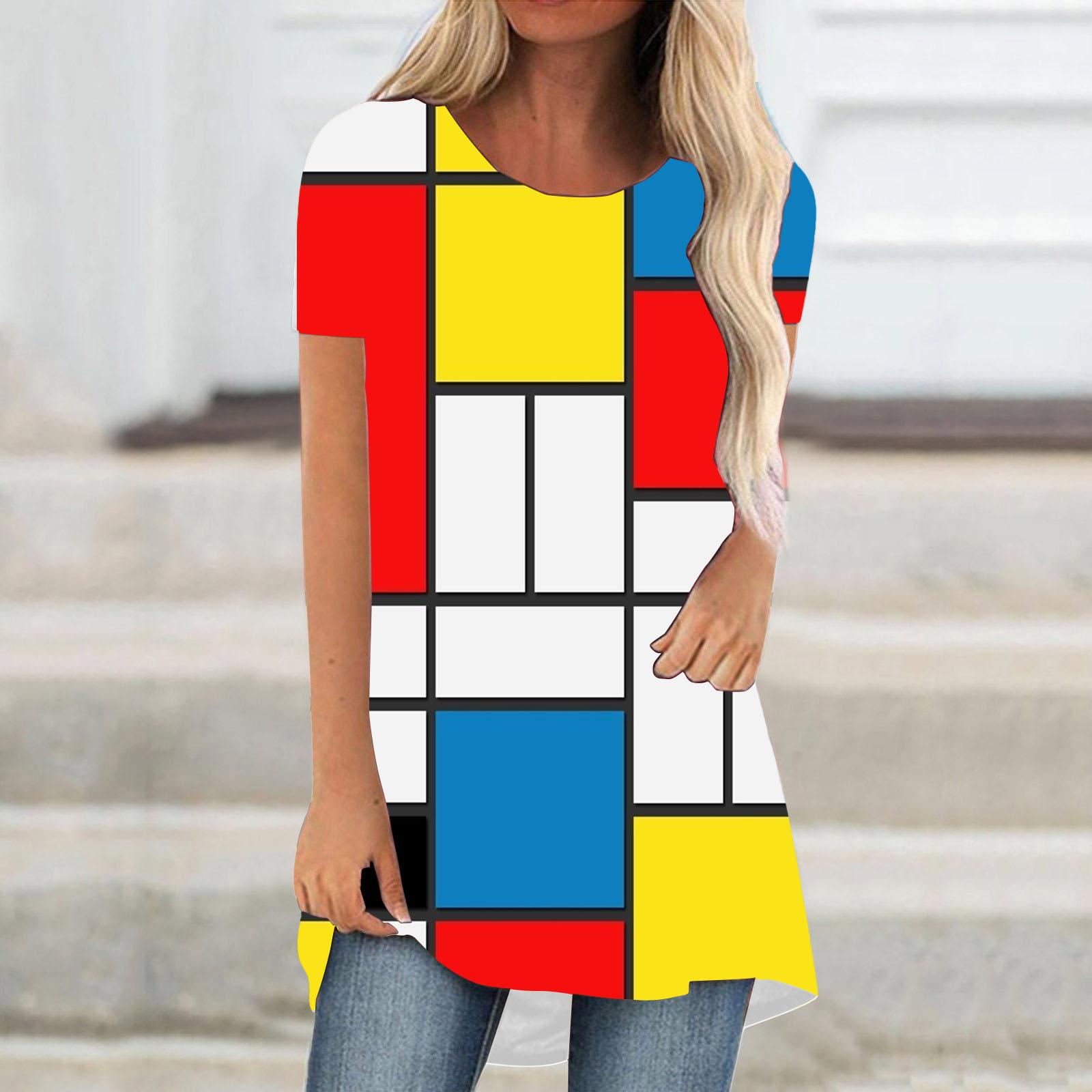 

Модные футболки в стиле пэчворк с цветным блоком и 3D-принтом для женщин, футболки с коротким рукавом, уличная одежда, большие туники, топы Y2K, футболки, женская одежда 8XL