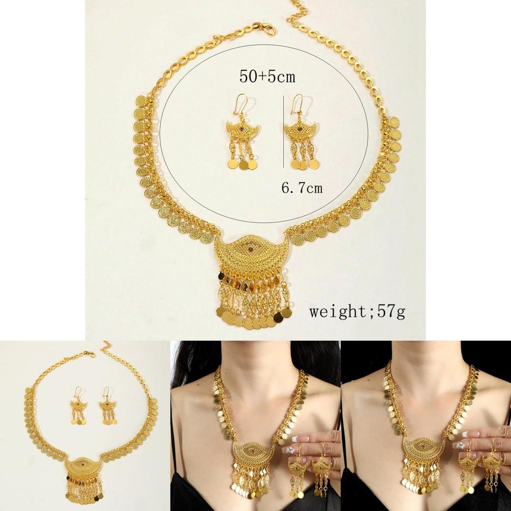 Fashion Gold Alloy Jewelry Set With Hollow Coin Pendant And Dangle Earrings For Women