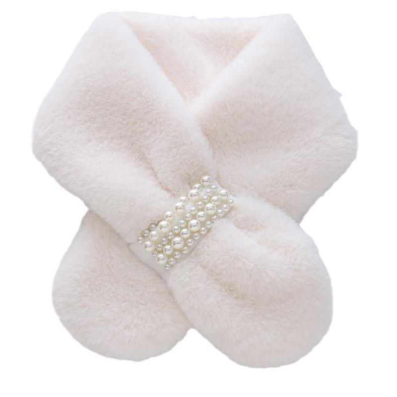 Winter Pearl Thick Warm Korean Girl's Scarf: Imitation Rex Rabbit Fur with Cross Design