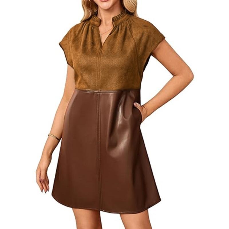 

Мини-платье 2026 года с V-образным вырезом, короткими рукавами, контрастными цветами и карманом, из замши и ПУ-кожи XXL коричневый