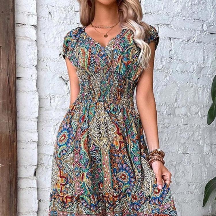 Bohemian Floral Maxi Dress for Women European American Holiday Style with Waist Accent