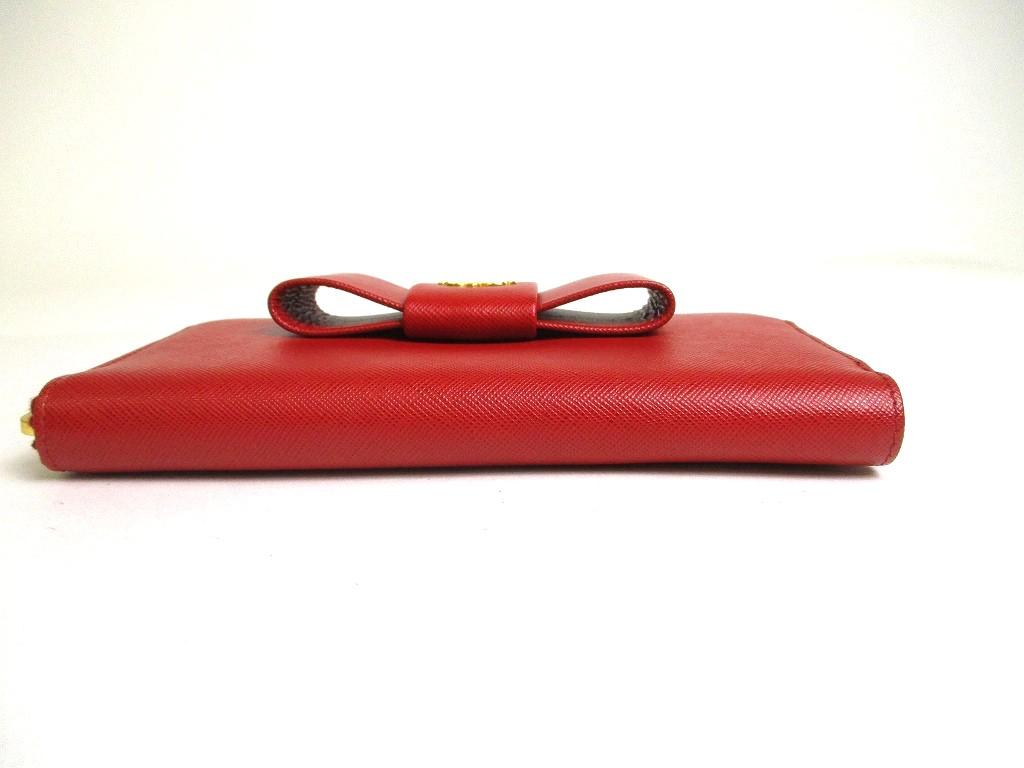 Authentic PRADA Red Saffiano Leather Ribbon Motif Round Zip Long Wallet #a334  Refurbished