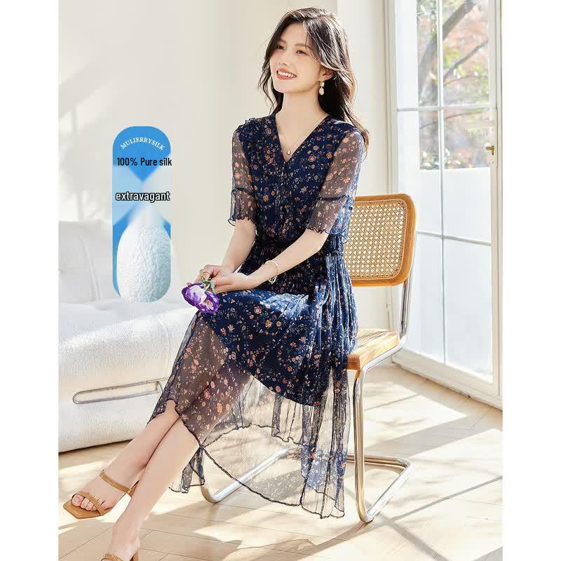 Mulberry Silk Floral V-Neck Ruffle Sleeve Midi Dress M