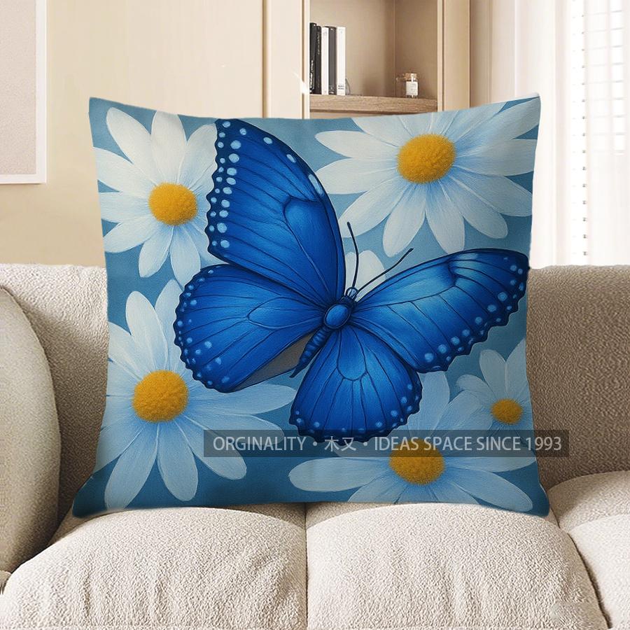 Home Decor Blue Butterfly &amp; Flowers Decorative Pillow Cover Pattern Cushion Cover Suitable For Sofa Bedroom Car Pillow Cover
