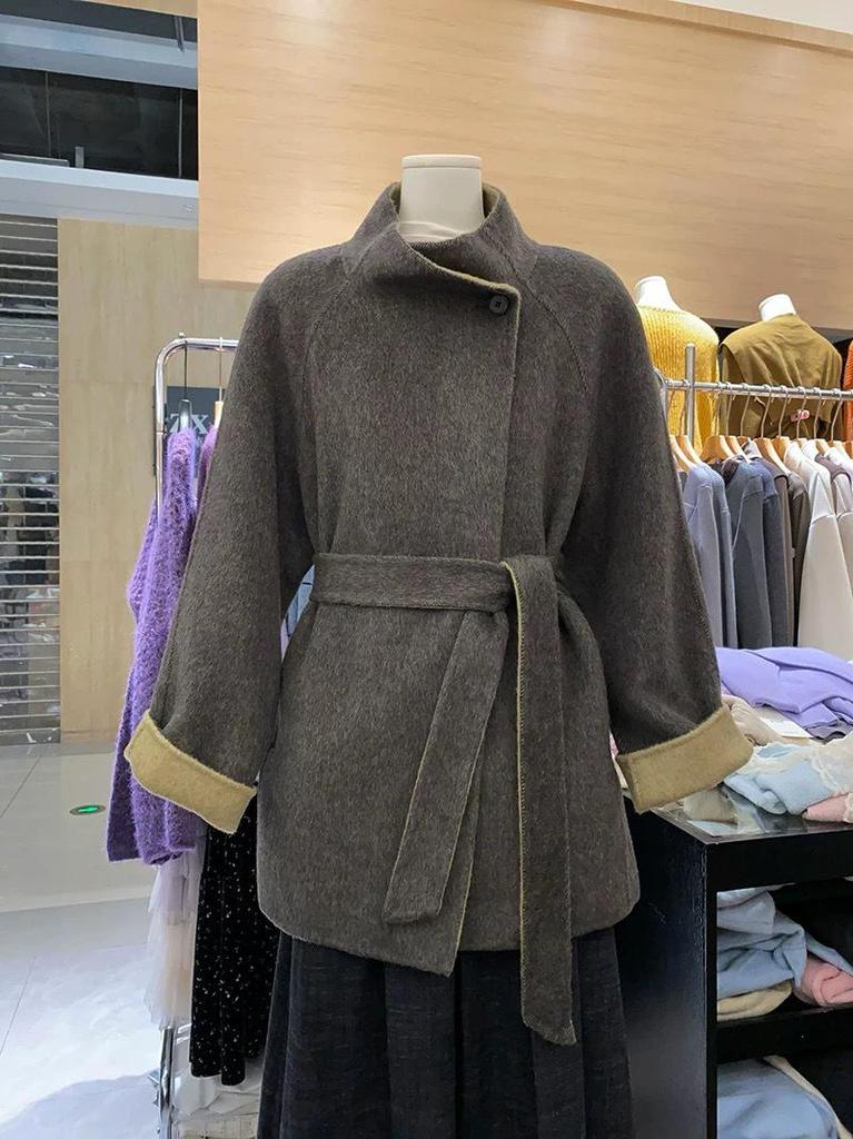 Fairy Tale Autumn/Winter Korean Style Lace-up Waist Cinching Color-block Stand Collar Double-sided Wool Coat for Women