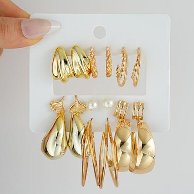 9 Piece Geometric Water Drop Pearl Earrings Set Eco Friendly CCB Iron Gold Fashion Jewelry Women Shiny DailyParty Accessory Gift
