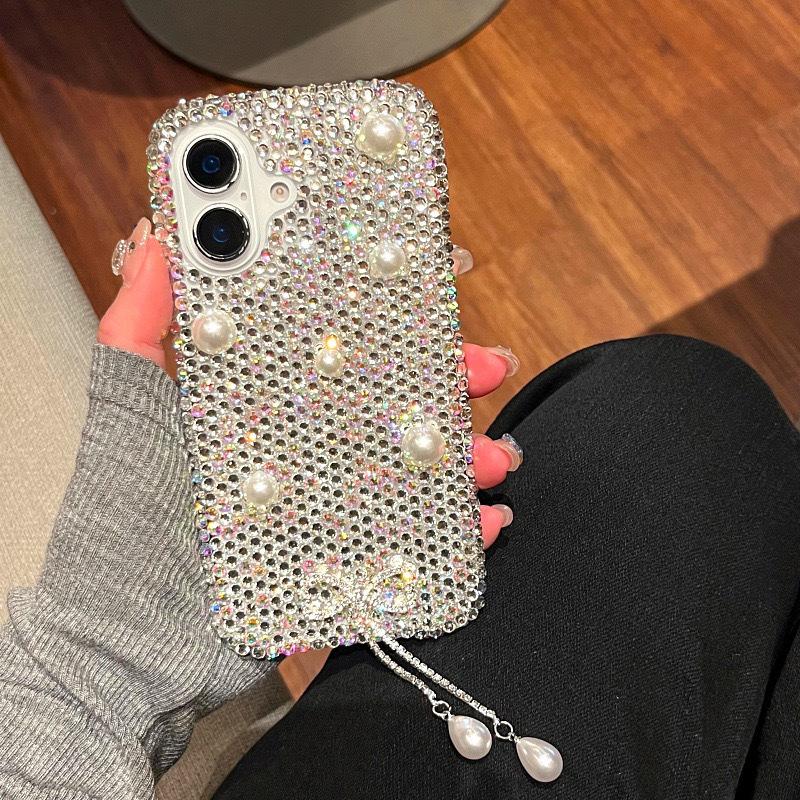 

Bow Tie Tassel Pendant Pearl Mobile Phone Case For Apple 17Promax Full Diamond Luxury Fashion Iphone16 Women iPhone 7/8/SE 2020