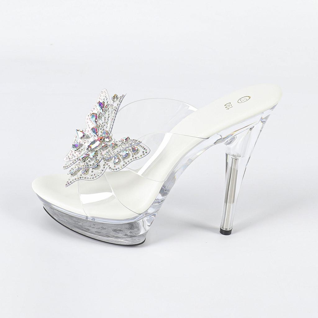 Rhinestone Sexy High Heel 13CM Thin Heel Waterproof Table Slippers Transparent Crystal Shoes Shoes Banquet High LFD-1099-Q22