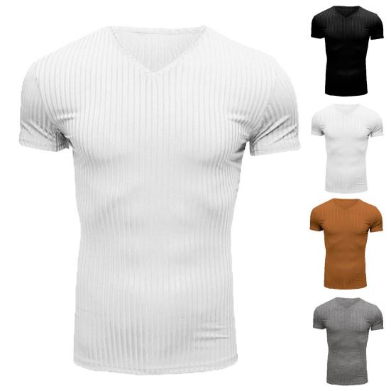 Men T-shirt V Neck Slim Fit Solid Color Breathable Summer Top Daily Garment