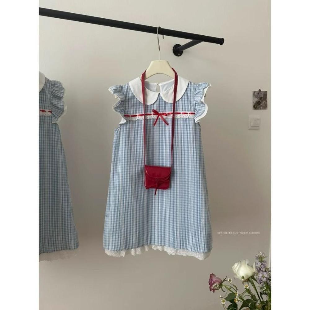 Summer flying sleeve blue grid dress for women, small summer new doll collar short skirt, super beautiful princess skirt