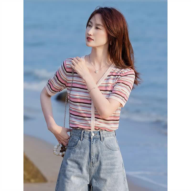 Women's Striped Knit Short-Sleeve Cardigan