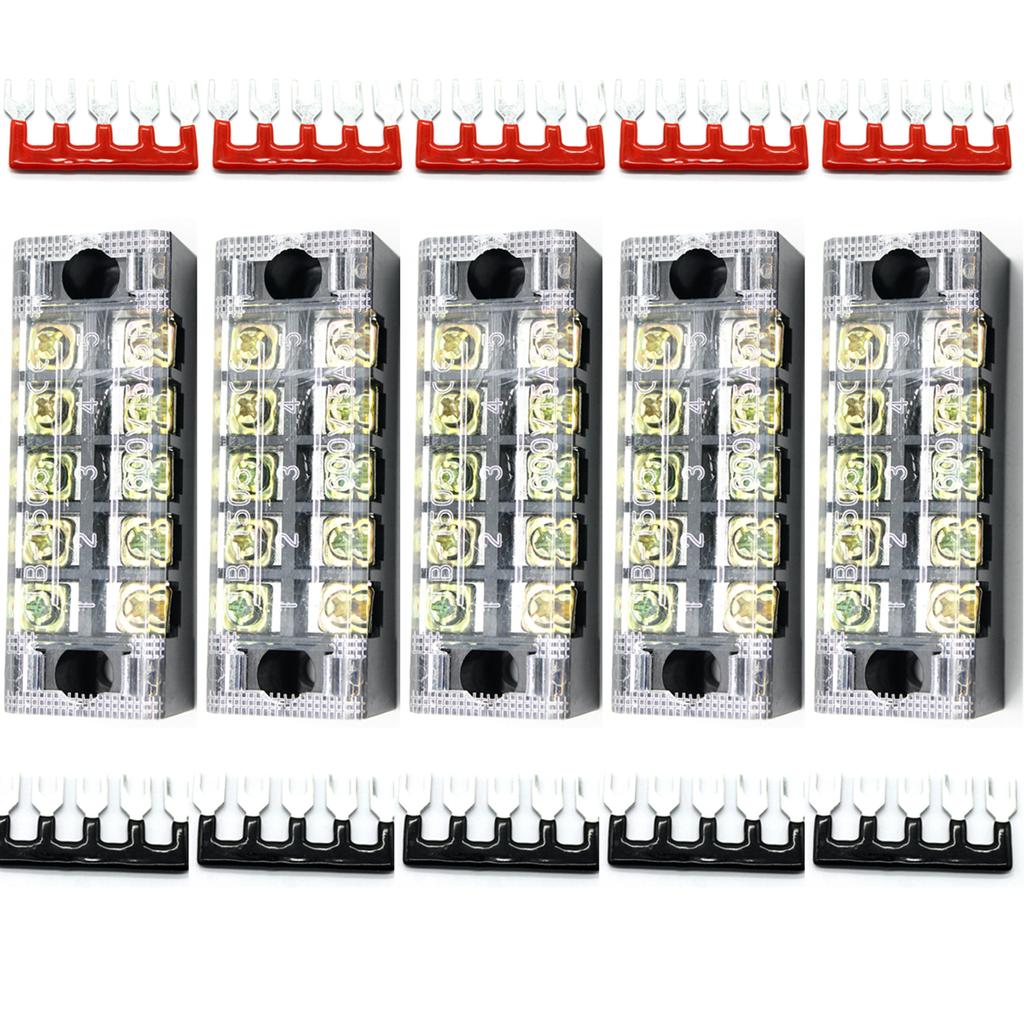 10pcs(5 Sets) 5pcs 600V 15A 5 Positions Double Row Screw Terminal Strip with Cover+5pcs 600V 15A 5 Positions Black Red