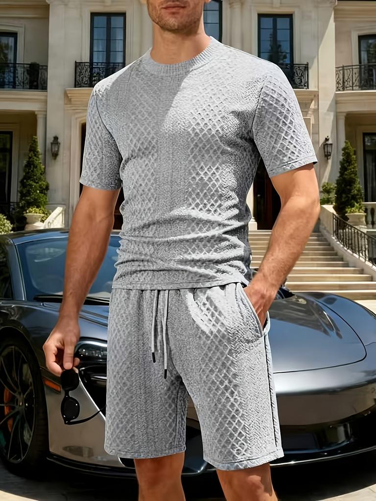 Men Casual Summer Jacquard Short Sleeve Top And Shorts Set