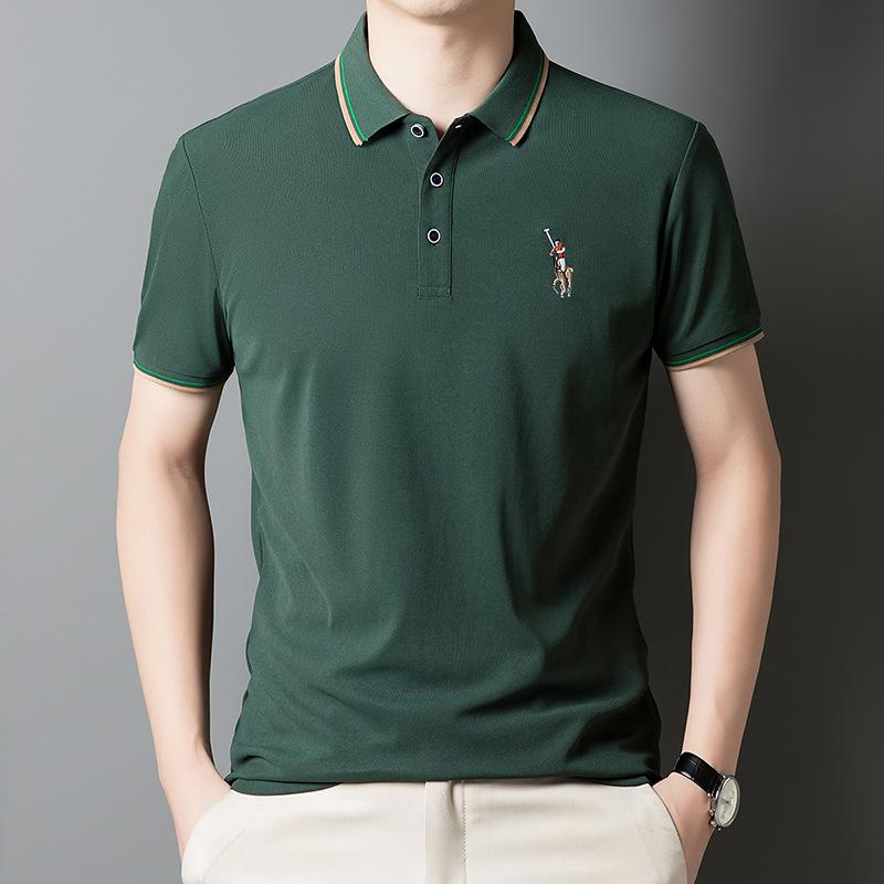 Tricou polo cu mânecă scurtă din mătase glacială pentru bărbați, guler cu rever, mânecă jumătate, clasic, brodat, respirabil, lejer, bază de tricou